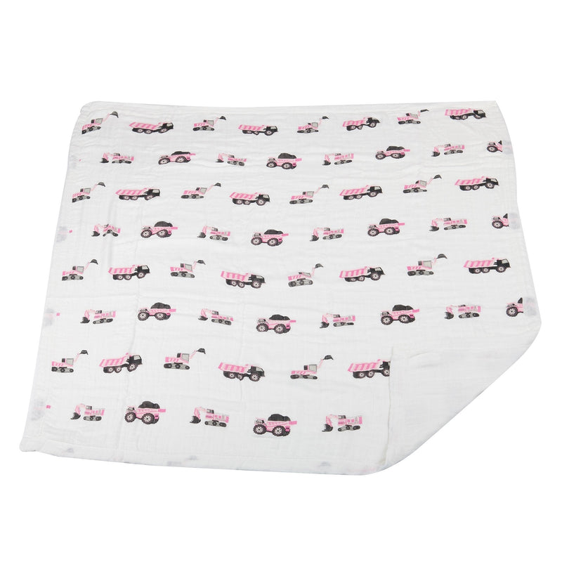 Pink digger print on white bamboo muslin blanket, 100% natural, 47x47 inches.