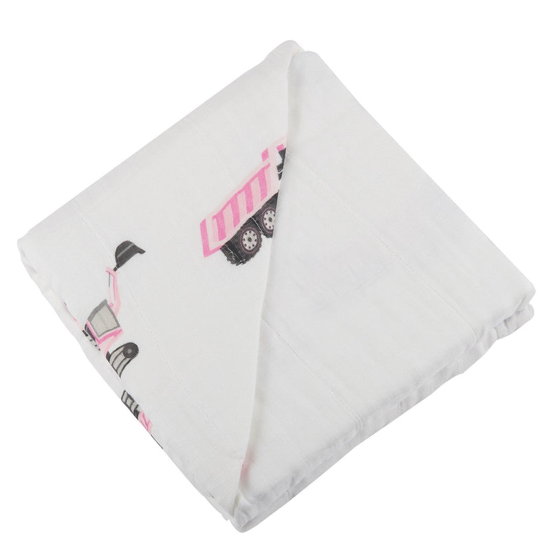 Pink digger and white bamboo muslin blanket, soft and breathable, 47"x47".