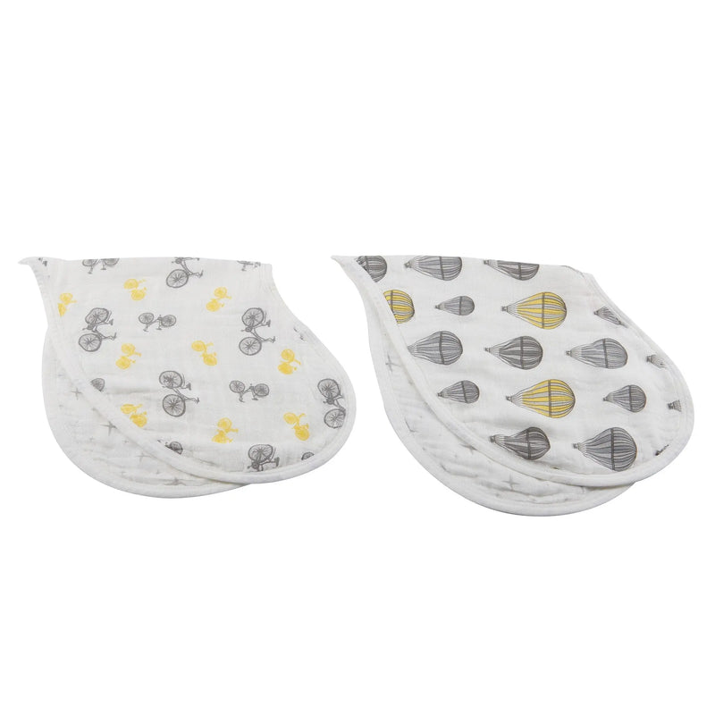 Traveler Bamboo Heart Bibs 2PK made from 100% natural bamboo muslin with stylish prints and multiple snaps.