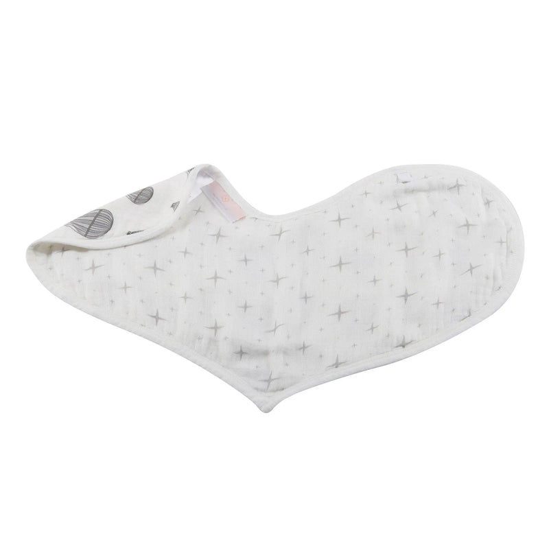 Soft and absorbent Traveler Bamboo Heart Bibs crafted from 100% natural bamboo muslin, featuring multiple snaps for adjustable fit.
