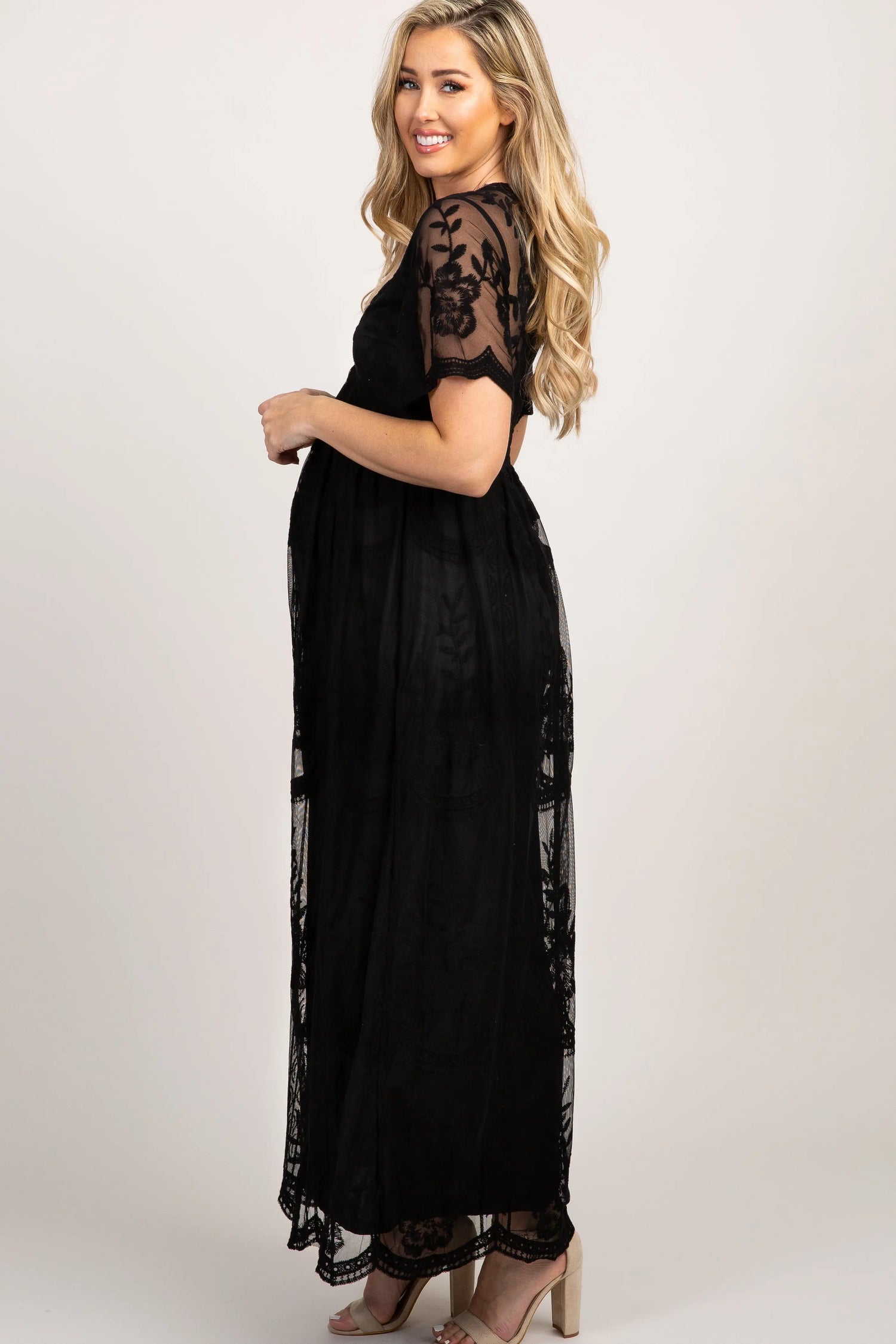 PinkBlush Black Lace Mesh Overlay Maternity Maxi Dress PinkBlush 
