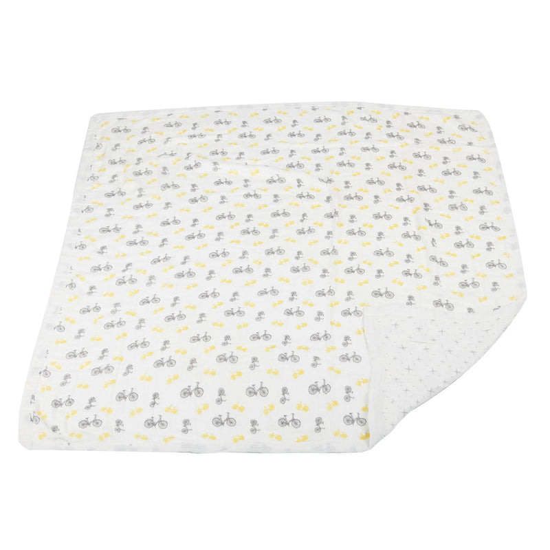 Vintage Bicycle and Northern Star bamboo muslin blanket with bicycle print, 100% natural, soft, and breathable.