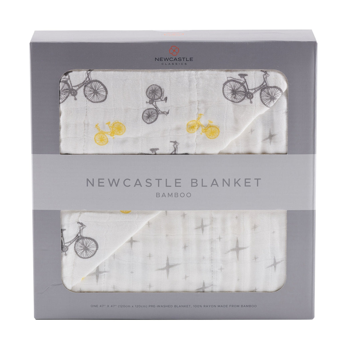 Bamboo muslin baby blanket with a vintage bicycle and northern star pattern