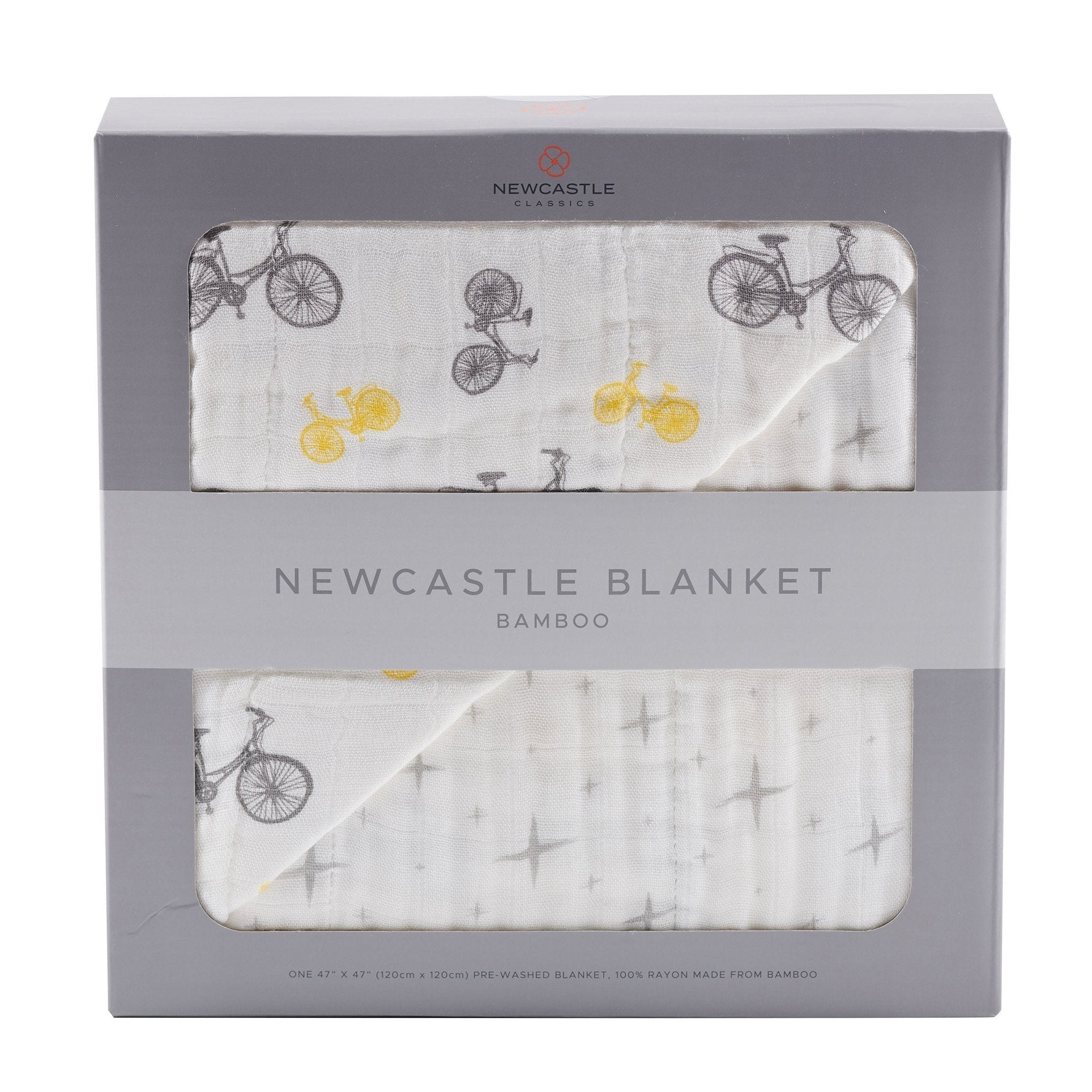 Bamboo muslin baby blanket with a vintage bicycle and northern star pattern