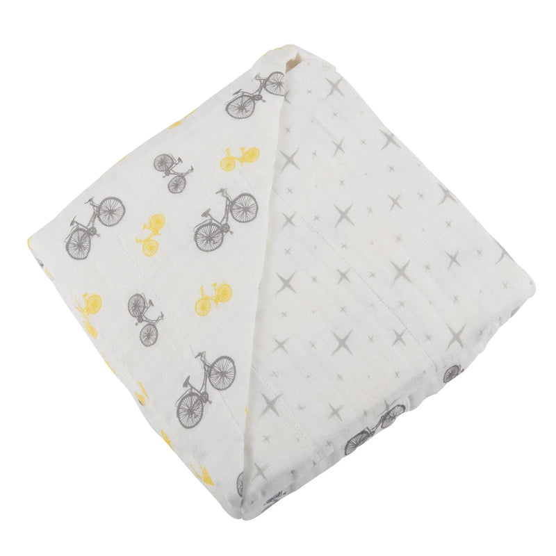 Vintage Bicycle and Northern Star bamboo muslin blanket, 100% natural, 47" x 47" size.