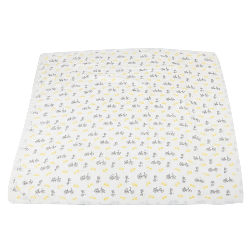 Vintage Bicycle and Northern Star bamboo muslin blanket with bicycle and star pattern, made from 100% natural bamboo fibers, size 47" x 47".