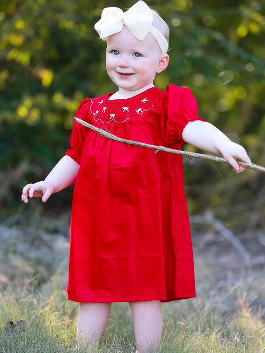 Girls Bow Smocking Embroidered Red Dress Rylee Faith Designs