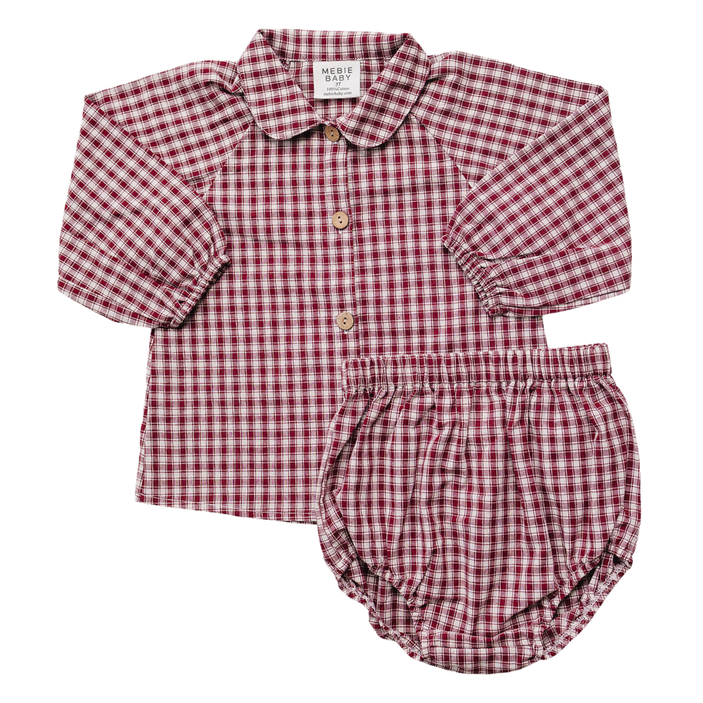 Two-piece baby set with red gingham long-sleeve top, white Peter Pan collar, wooden buttons, and matching bloomers.