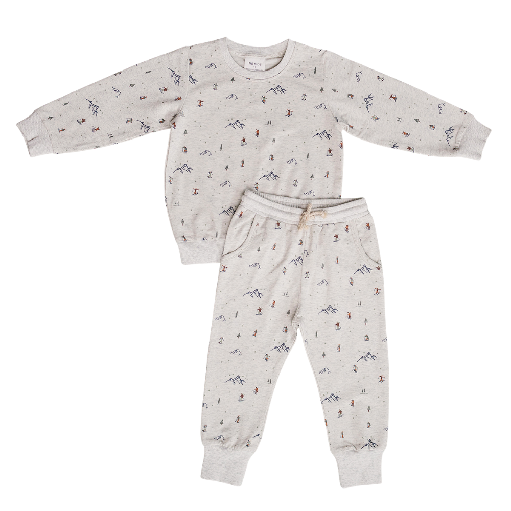 Baby two-piece French terry set with a ski print, featuring a matching top and pull-on bottoms.