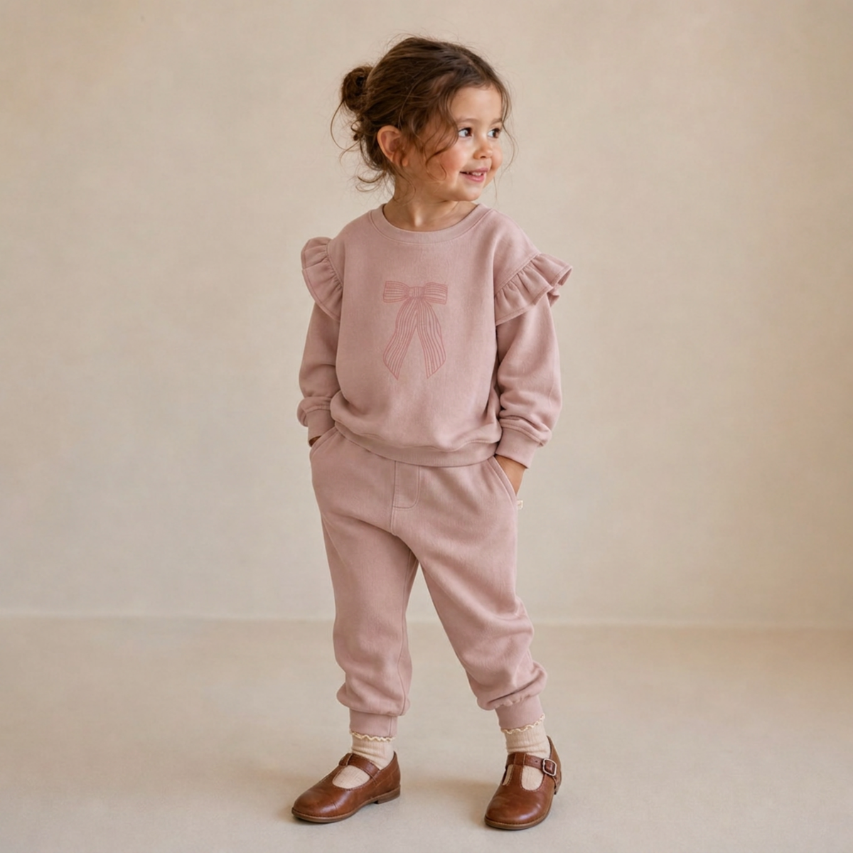 Girls' organic fleece sweatshirt with ruffle sleeves and a bow print on the front