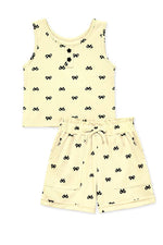 Toddler two-piece short set in banana yellow with an allover bow print top and matching shorts.