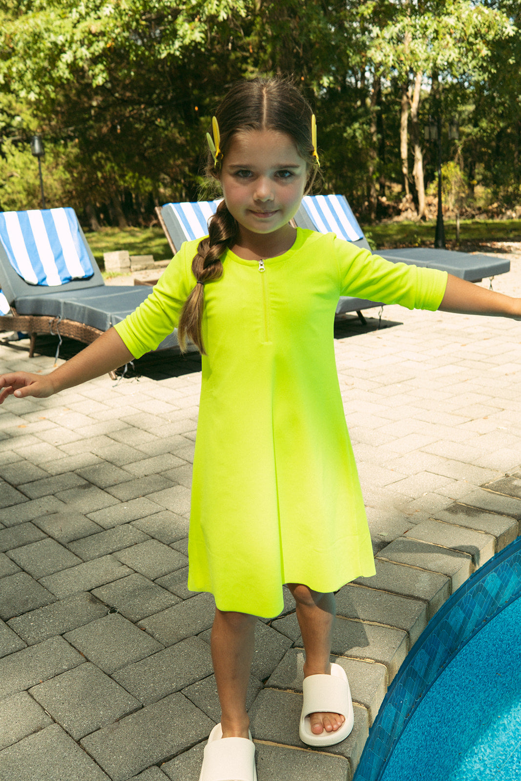 Neon Mesh Swim Dress With Front Zipper Three Quarter Sleeve Yellow And Pink