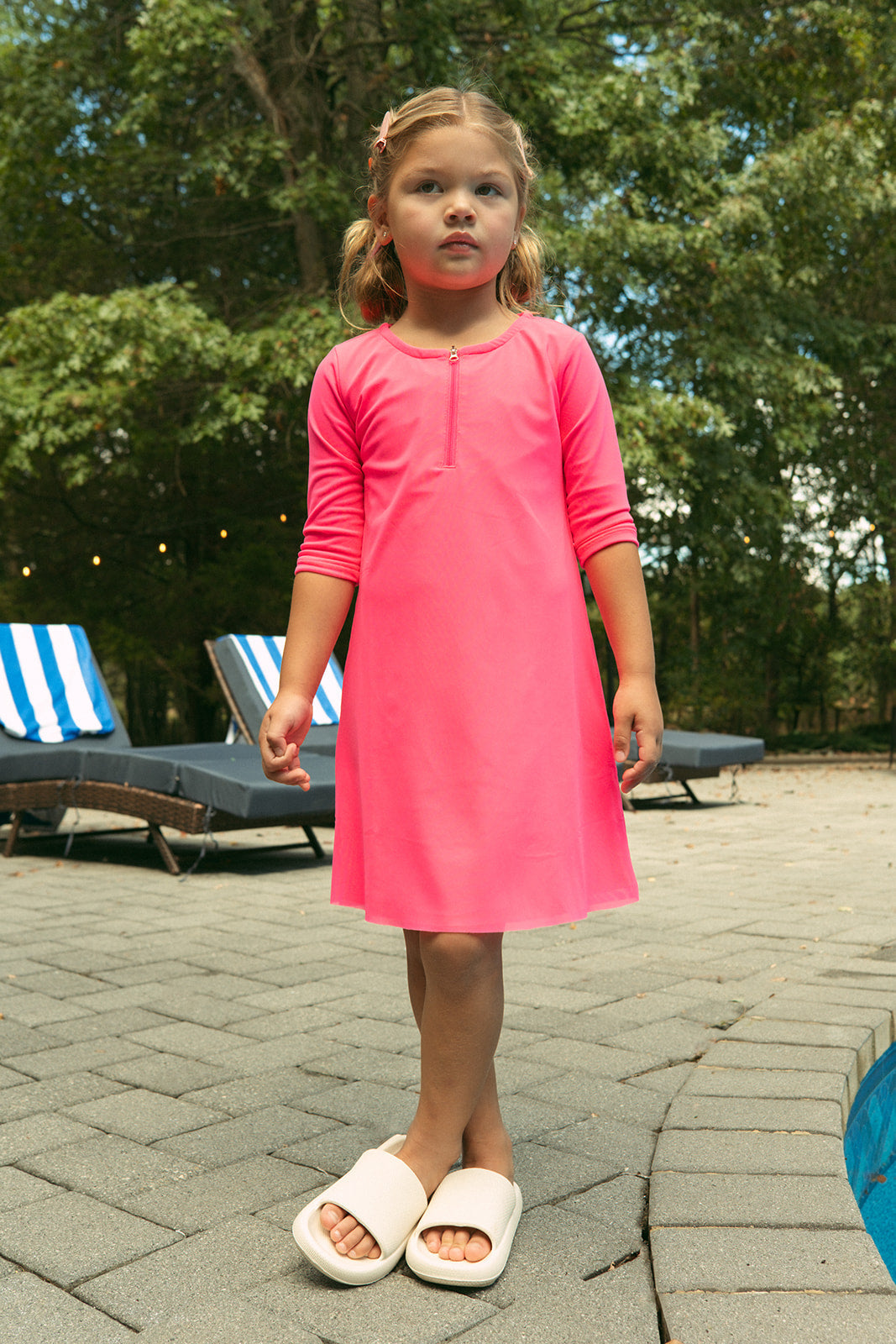 Girls Mesh Neon Swim Dress Pink Three Quarter Sleeve Front Zipper