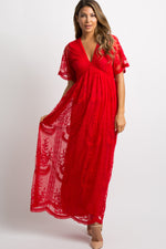 Lace Mesh Overlay Maternity Maxi Dress, Short Sleeve by PinkBlush