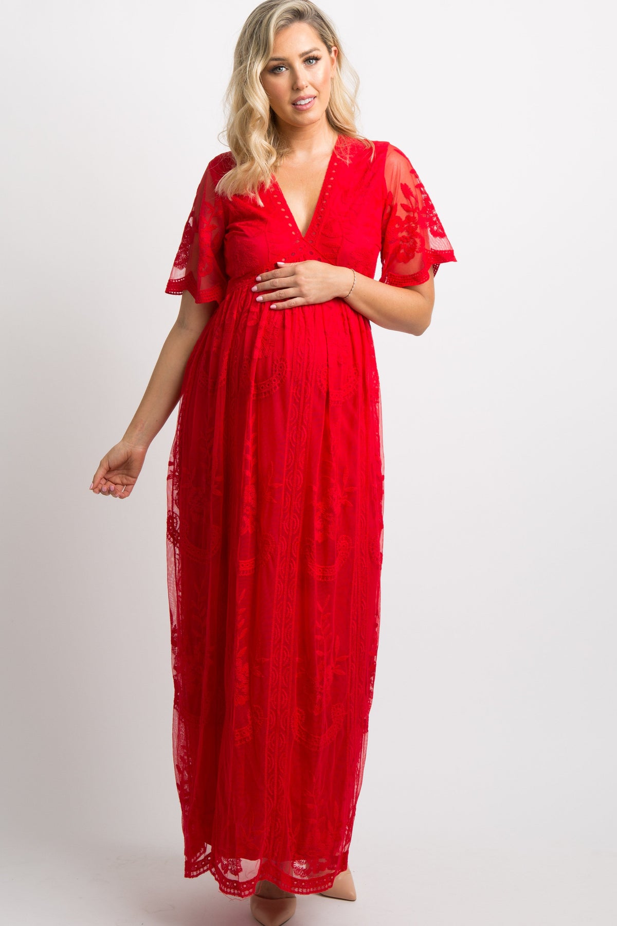 Maternity maxi dress with lace mesh overlay, short sleeves, v-neckline and scalloped trim