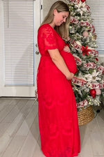 Lace Mesh Overlay Maternity Maxi Dress, Short Sleeve by PinkBlush