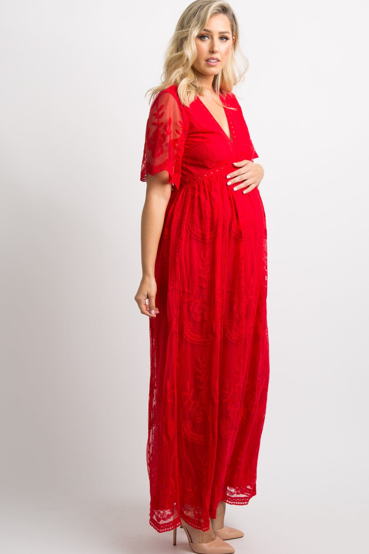 Lace Mesh Overlay Maternity Maxi Dress, Short Sleeve by PinkBlush