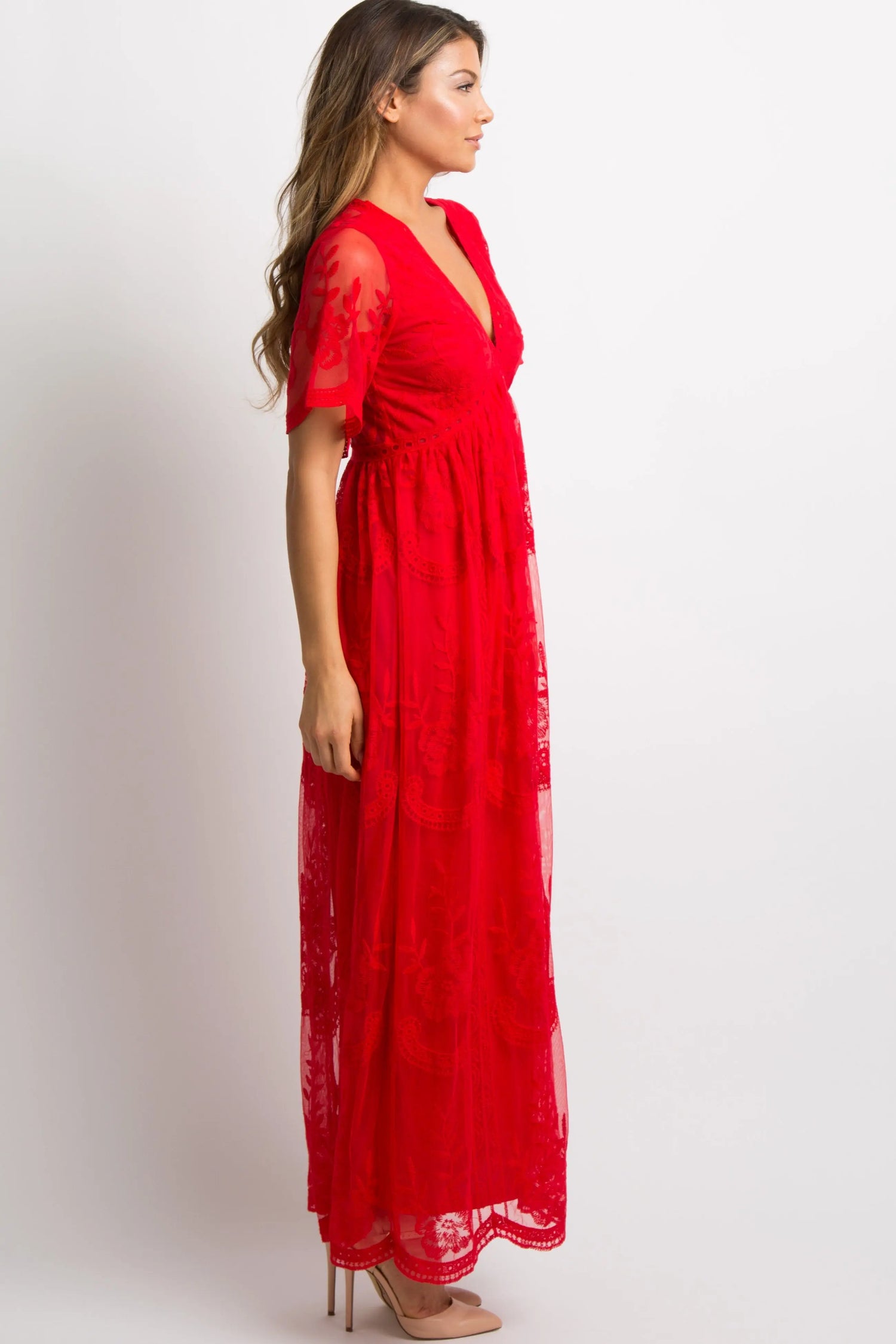 PinkBlush Red Lace Mesh Overlay Maxi Dress with Short Sleeves for Elegant Women - Everetts Place