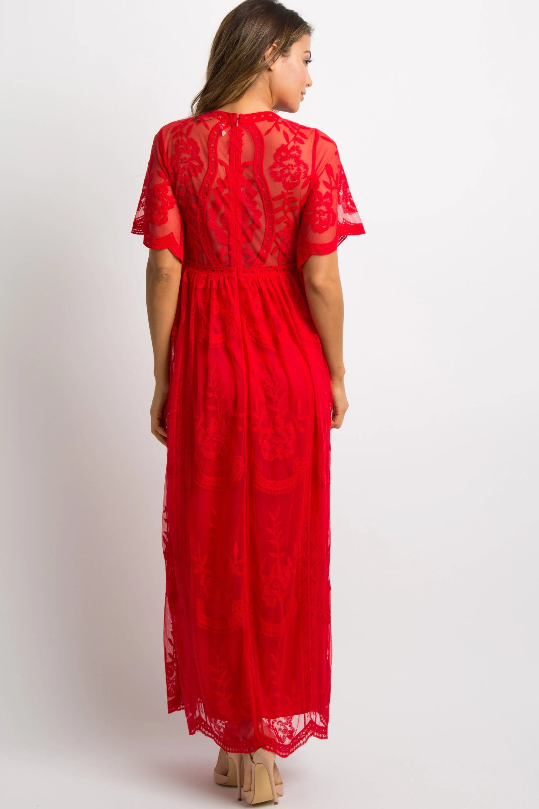 PinkBlush Red Lace Mesh Overlay Maxi Dress with Short Sleeves for Elegant Women - Everetts Place