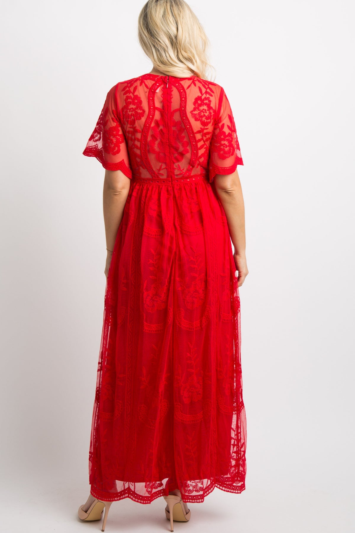 Lace Mesh Overlay Maternity Maxi Dress, Short Sleeve by PinkBlush