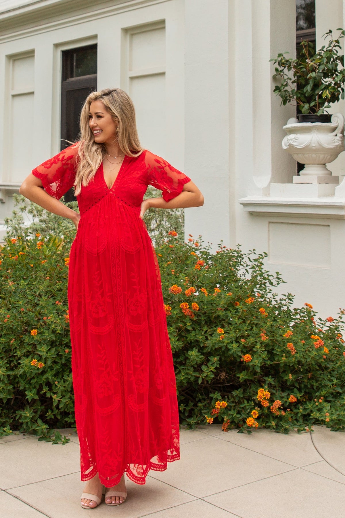 Lace Mesh Overlay Maternity Maxi Dress, Short Sleeve by PinkBlush