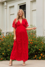 Lace Mesh Overlay Maternity Maxi Dress, Short Sleeve by PinkBlush