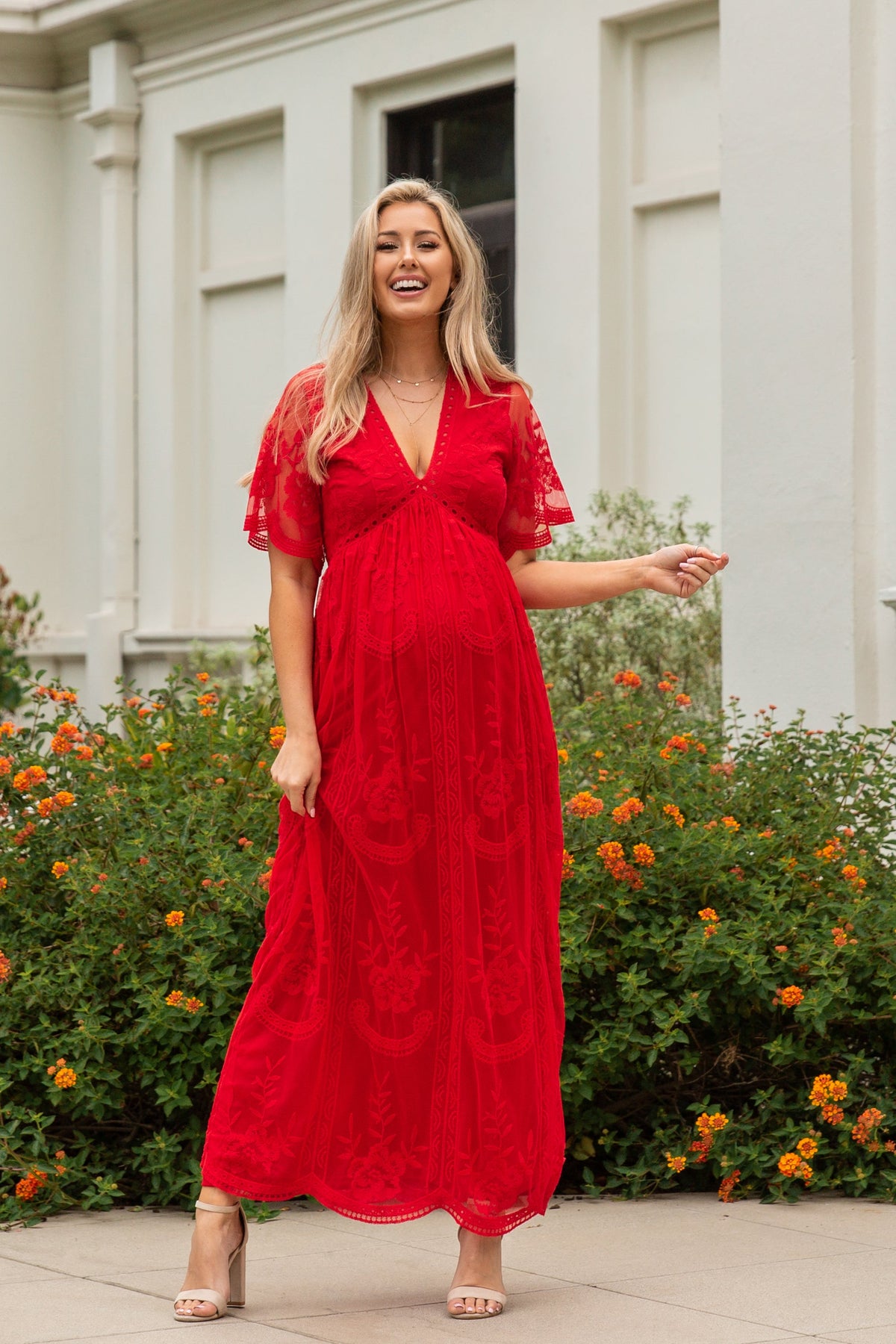 Lace Mesh Overlay Maternity Maxi Dress, Short Sleeve by PinkBlush