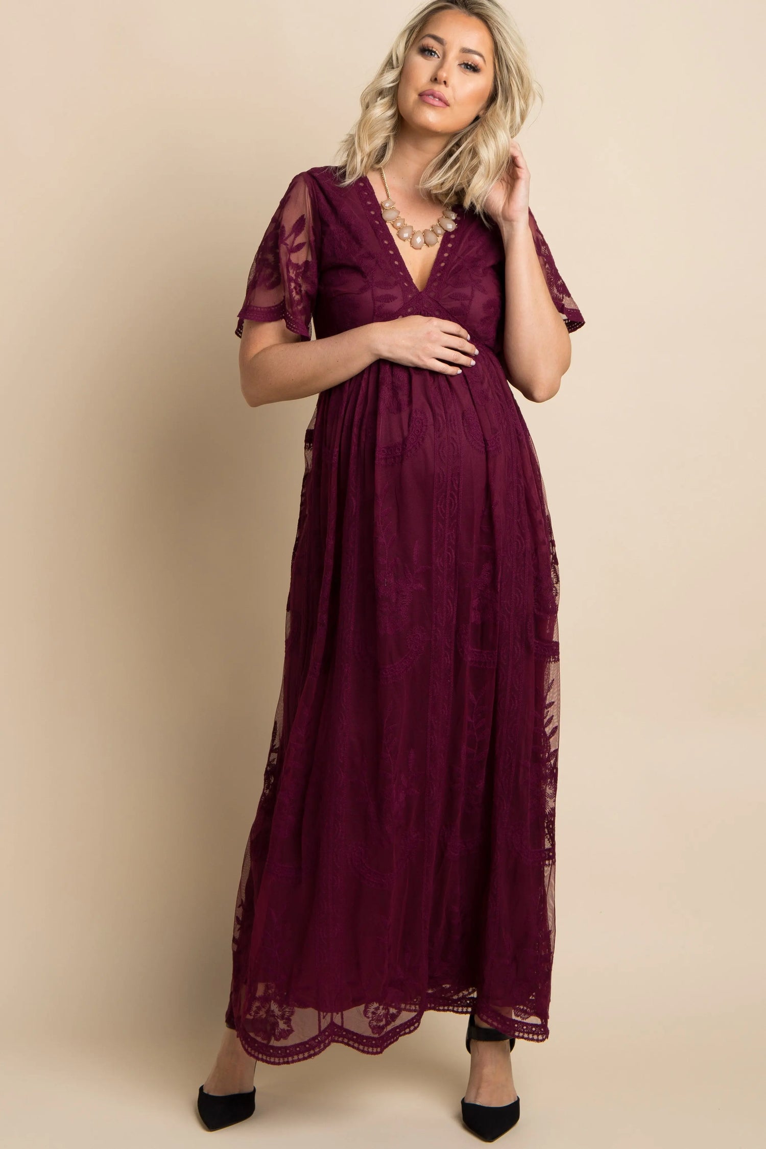 Burgundy Lace Mesh Overlay Maternity Maxi Dress PinkBlush 