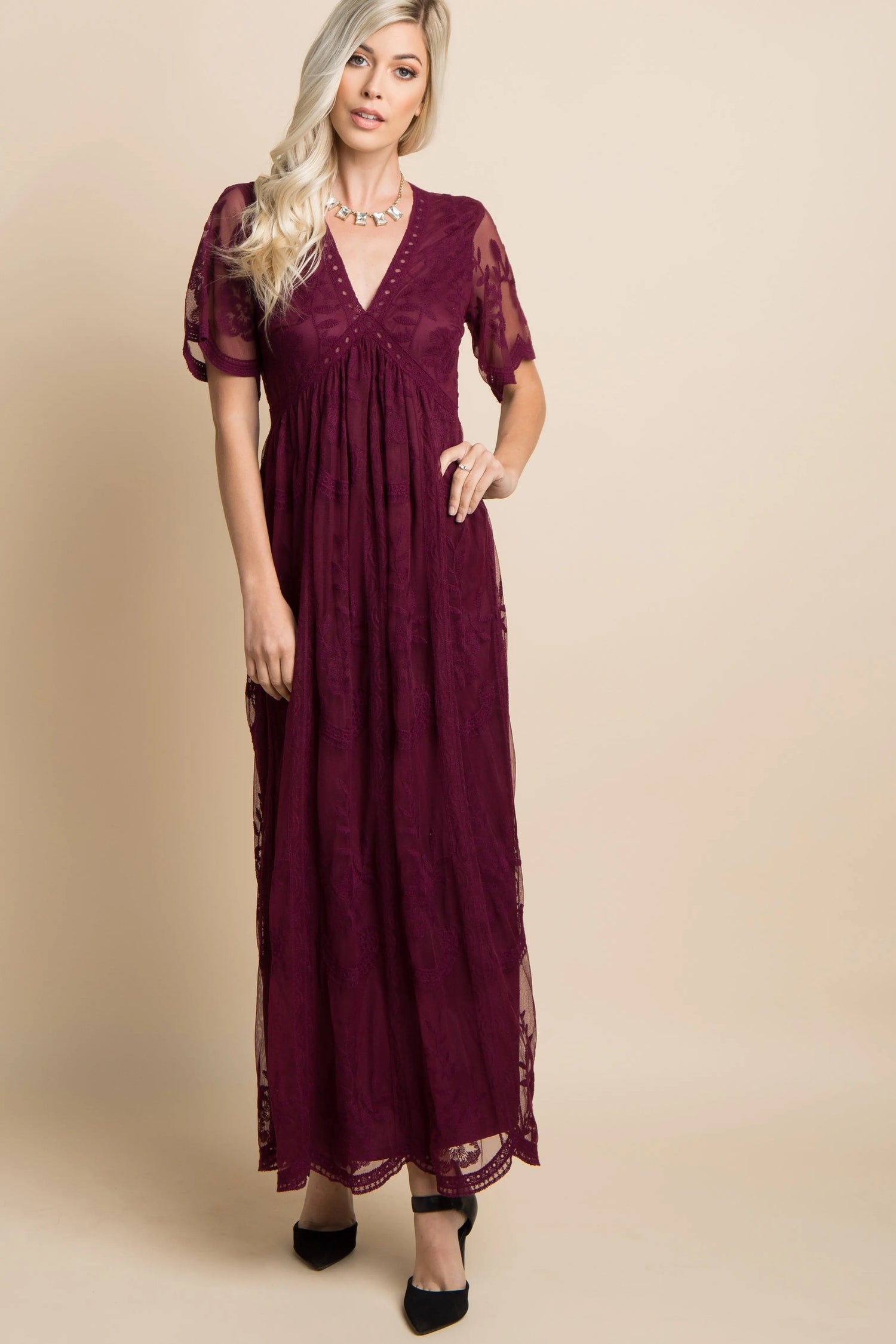 Burgundy Lace Mesh Overlay Maxi Dress PinkBlush 