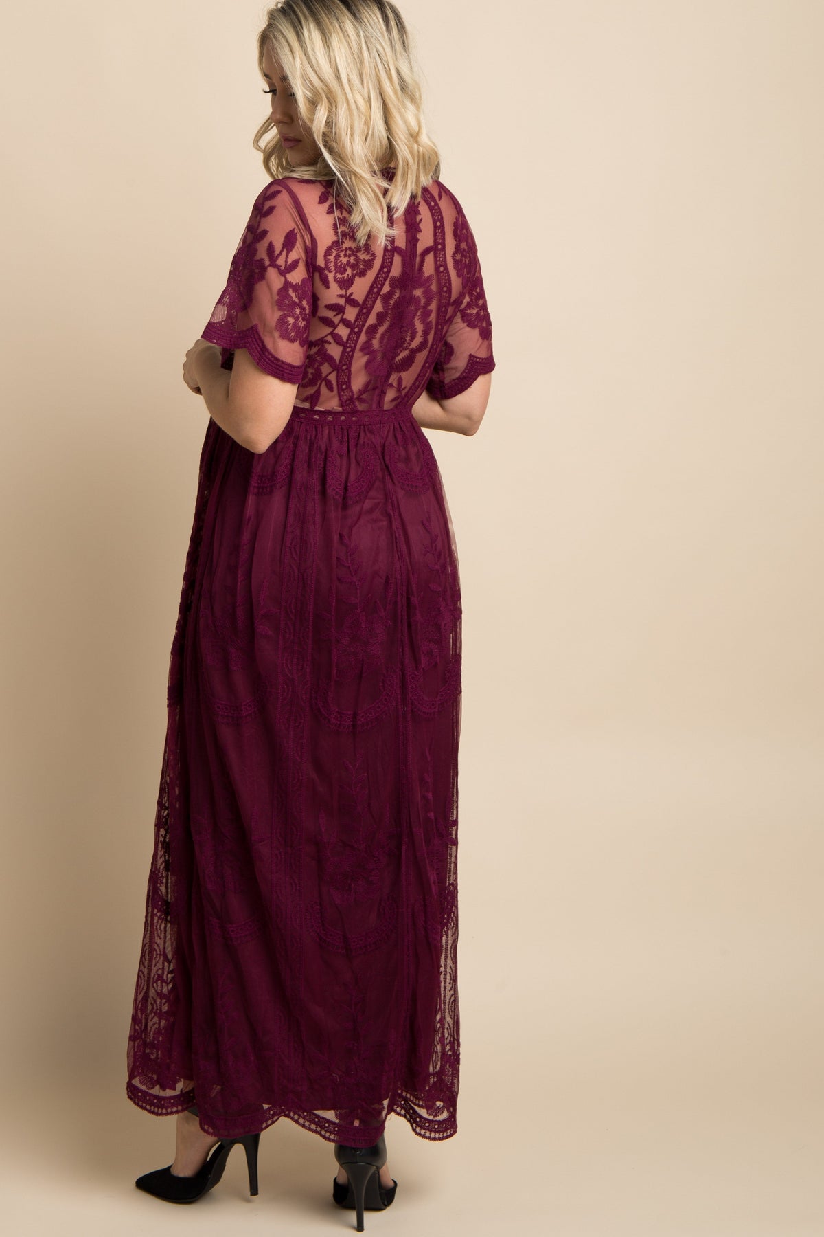 Elegant Lace Mesh Overlay Maternity Maxi Dress by PinkBlush
