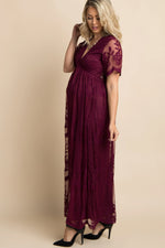 Elegant Burgundy Lace Maternity Maxi Dress with Scalloped Trim for Moms - Everetts Place