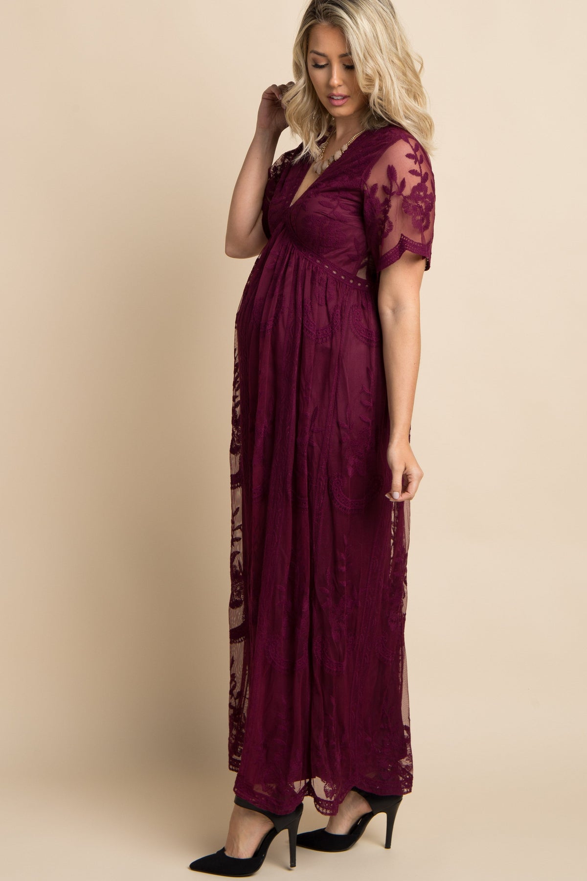 Elegant Lace Mesh Overlay Maternity Maxi Dress by PinkBlush