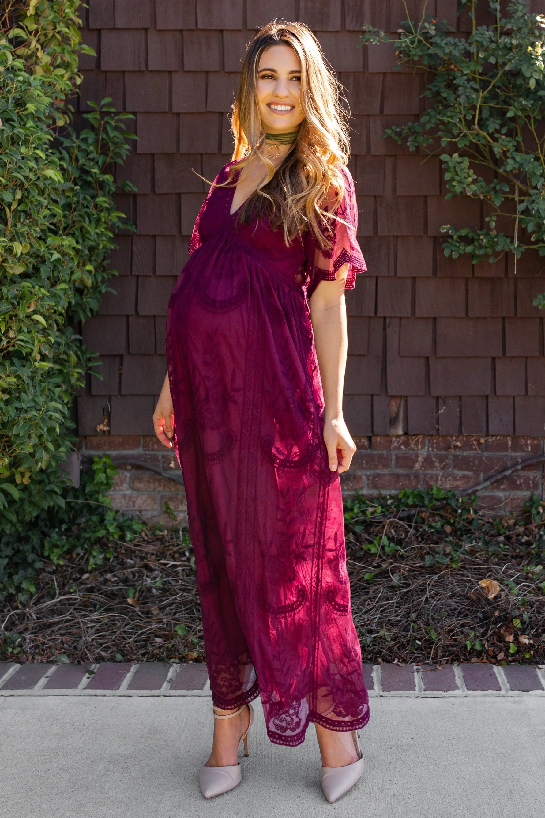 Elegant Burgundy Lace Maternity Maxi Dress with Scalloped Trim for Moms - Everetts Place