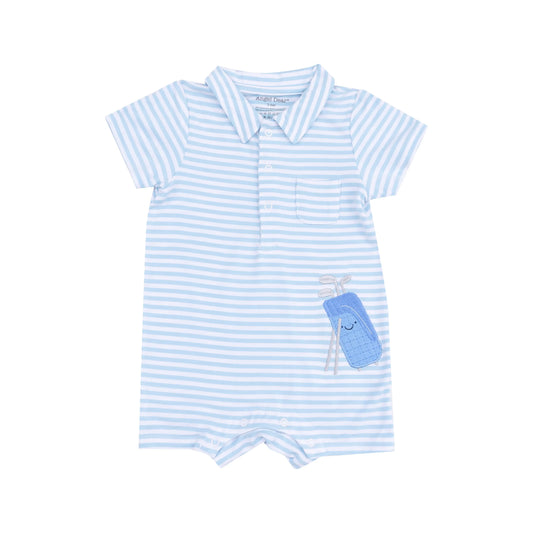 Polo Shortie With Applique Golf Blue Stripe.