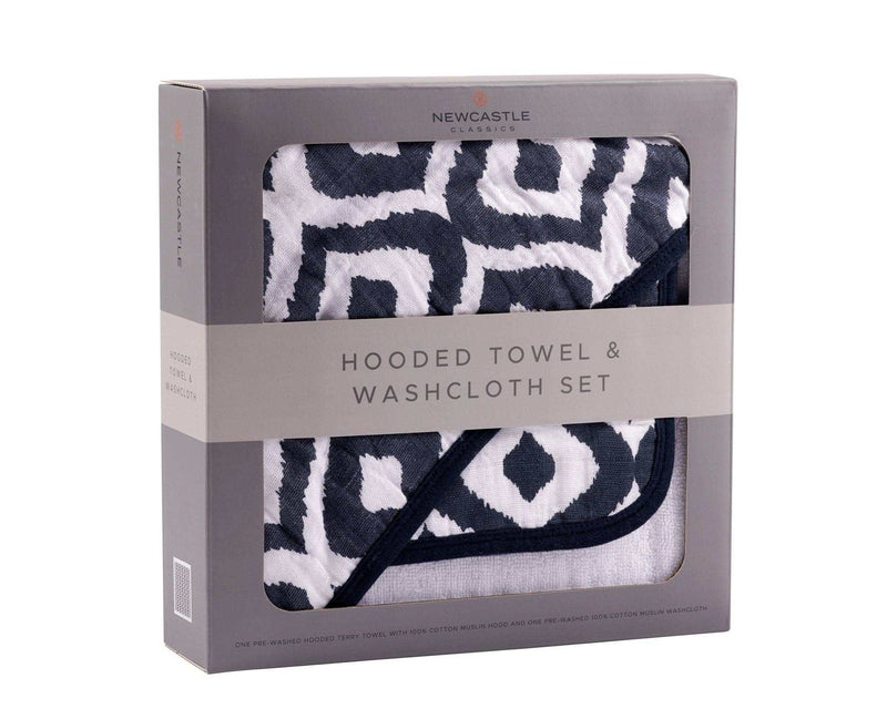 Moroccan Blue Cotton Hooded Towel and Washcloth Set in Box, 100% Cotton Muslin, Size 35"x35".
