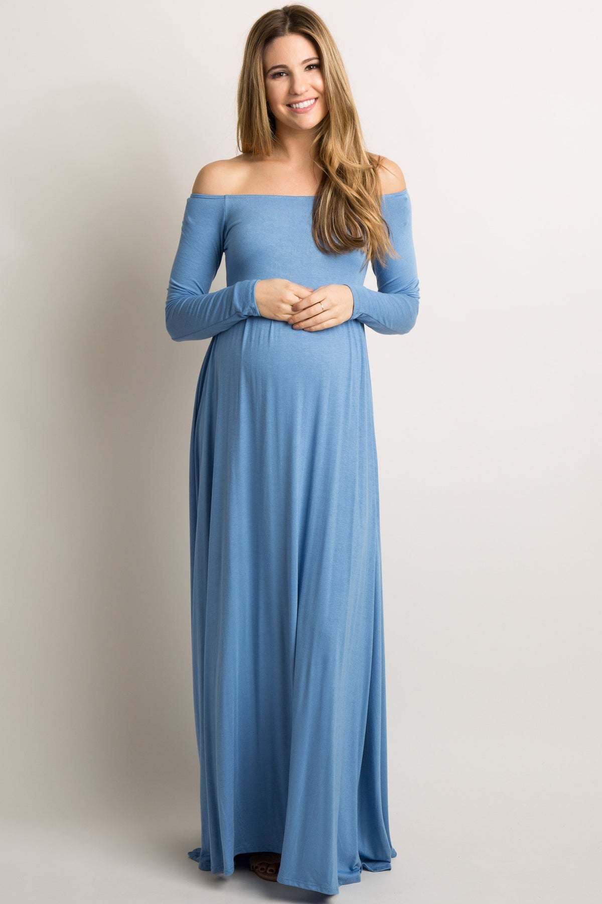 PinkBlush Petite Blue Solid Off Shoulder Maternity Maxi Dress by PinkBlush (view 1 of 5)