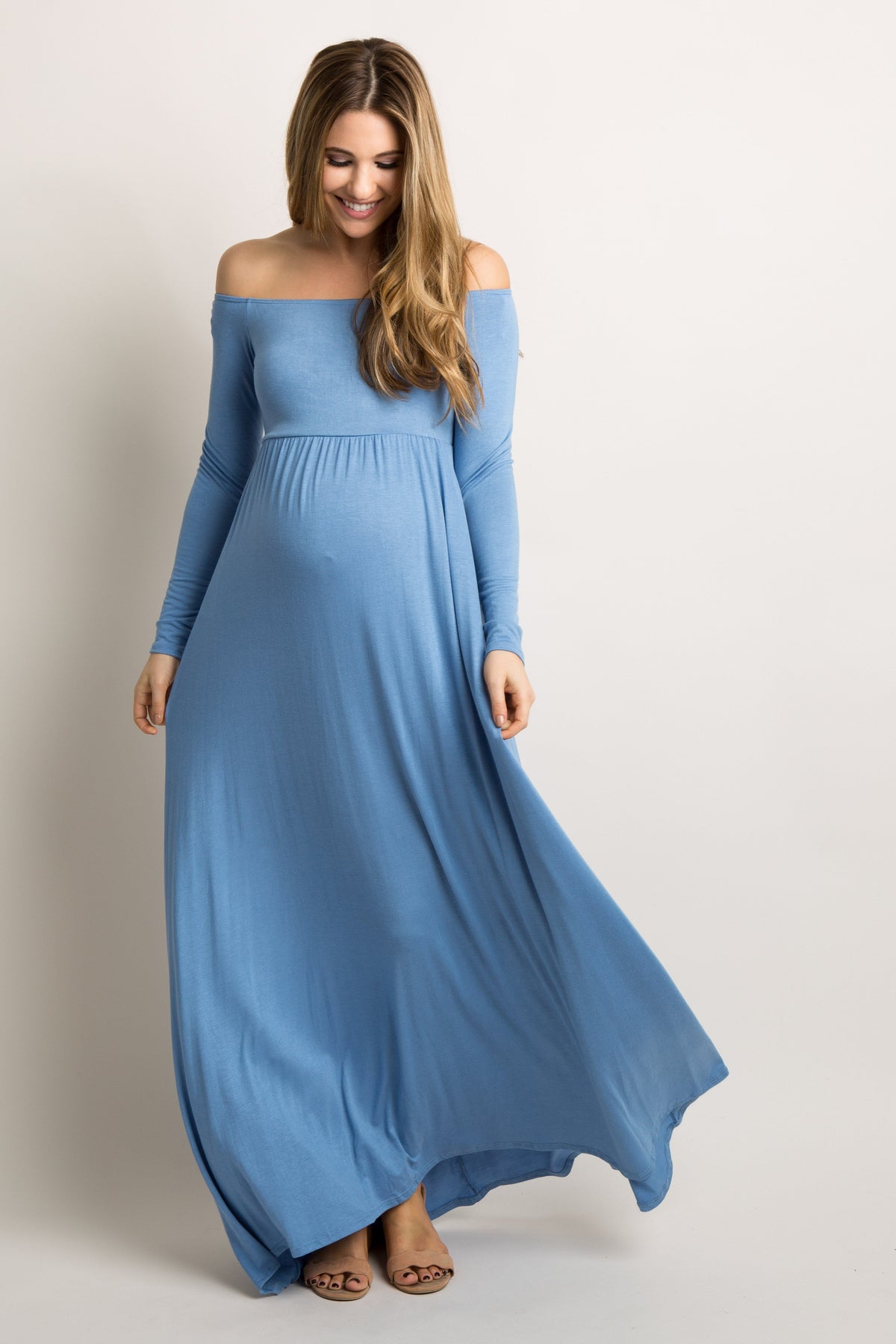 PinkBlush Petite Blue Solid Off Shoulder Maternity Maxi Dress by PinkBlush (view 4 of 5)
