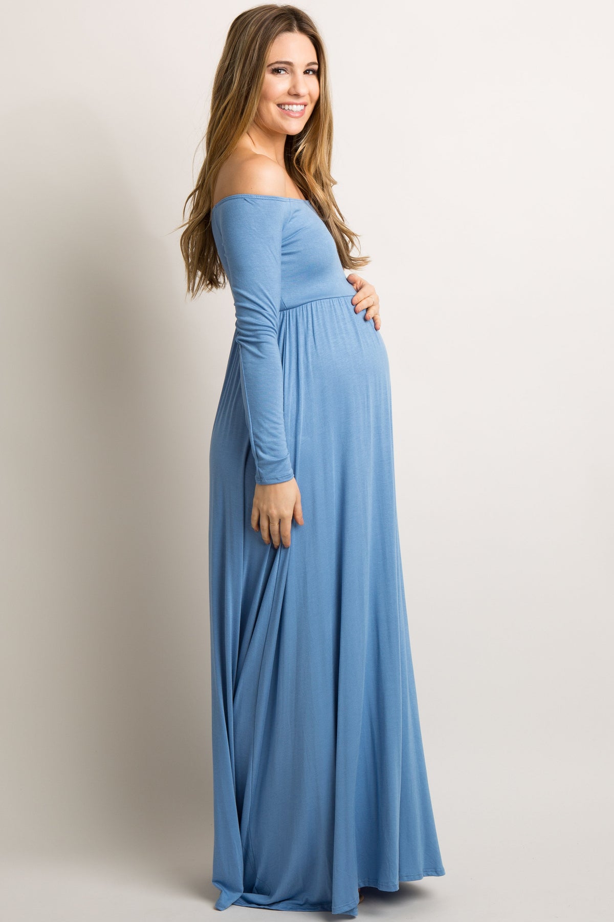 PinkBlush Petite Blue Solid Off Shoulder Maternity Maxi Dress by PinkBlush (view 2 of 5)