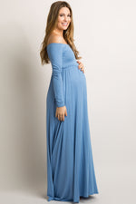 PinkBlush Petite Blue Solid Off Shoulder Maternity Maxi Dress by PinkBlush (view 2 of 5)