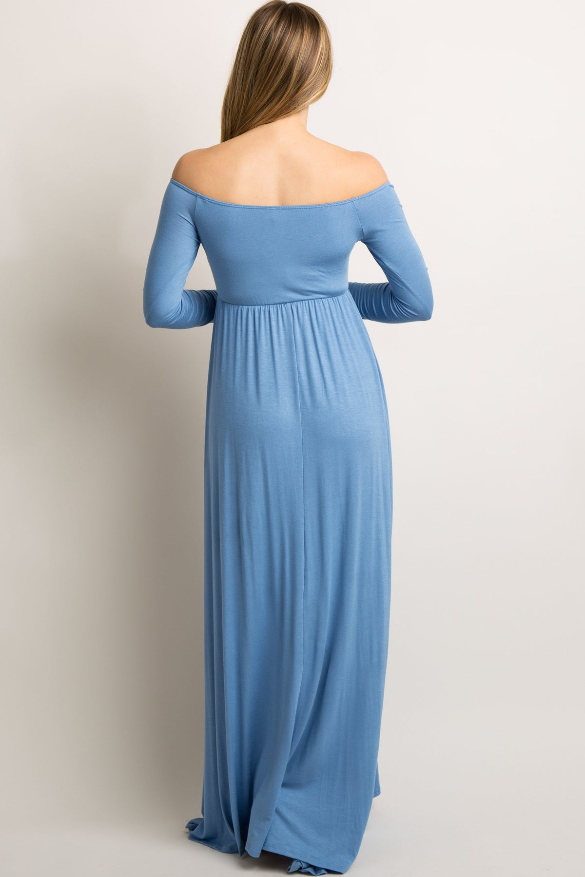 PinkBlush Petite Blue Solid Off Shoulder Maternity Maxi Dress by PinkBlush (view 3 of 5)