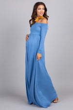 PinkBlush Petite Blue Solid Off Shoulder Maternity Maxi Dress by PinkBlush (view 5 of 5)