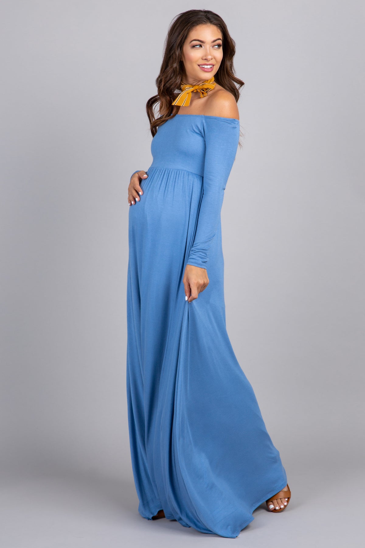 PinkBlush Petite Blue Solid Off Shoulder Maternity Maxi Dress by PinkBlush (view 5 of 5)