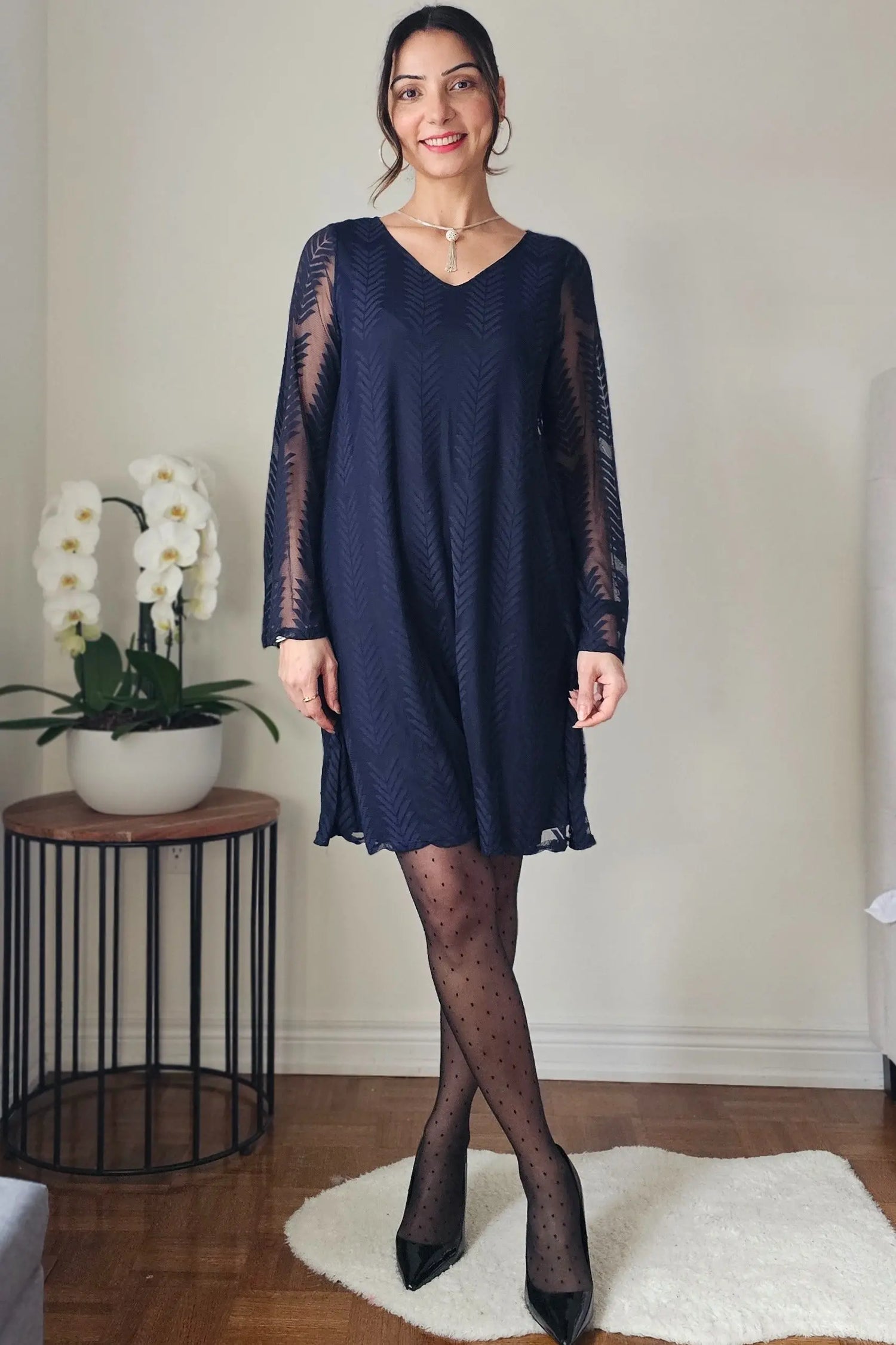 PinkBlush Navy Mesh Overlay Dress with Long Sleeves for Elegant Women - Everetts Place