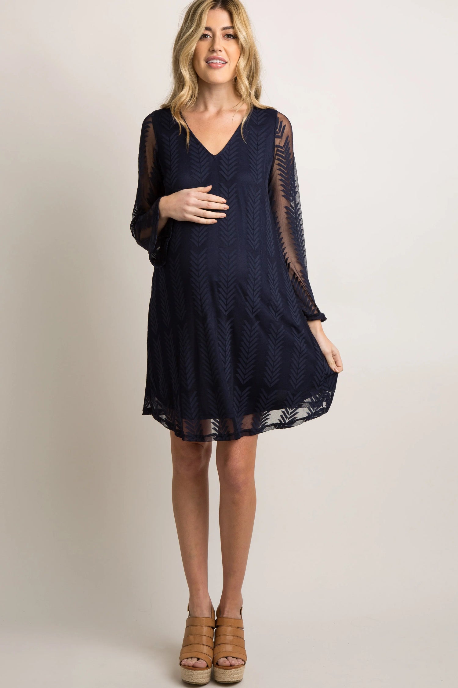 PinkBlush Navy Mesh Overlay Maternity Dress with Long Sleeves for Moms - Everetts Place