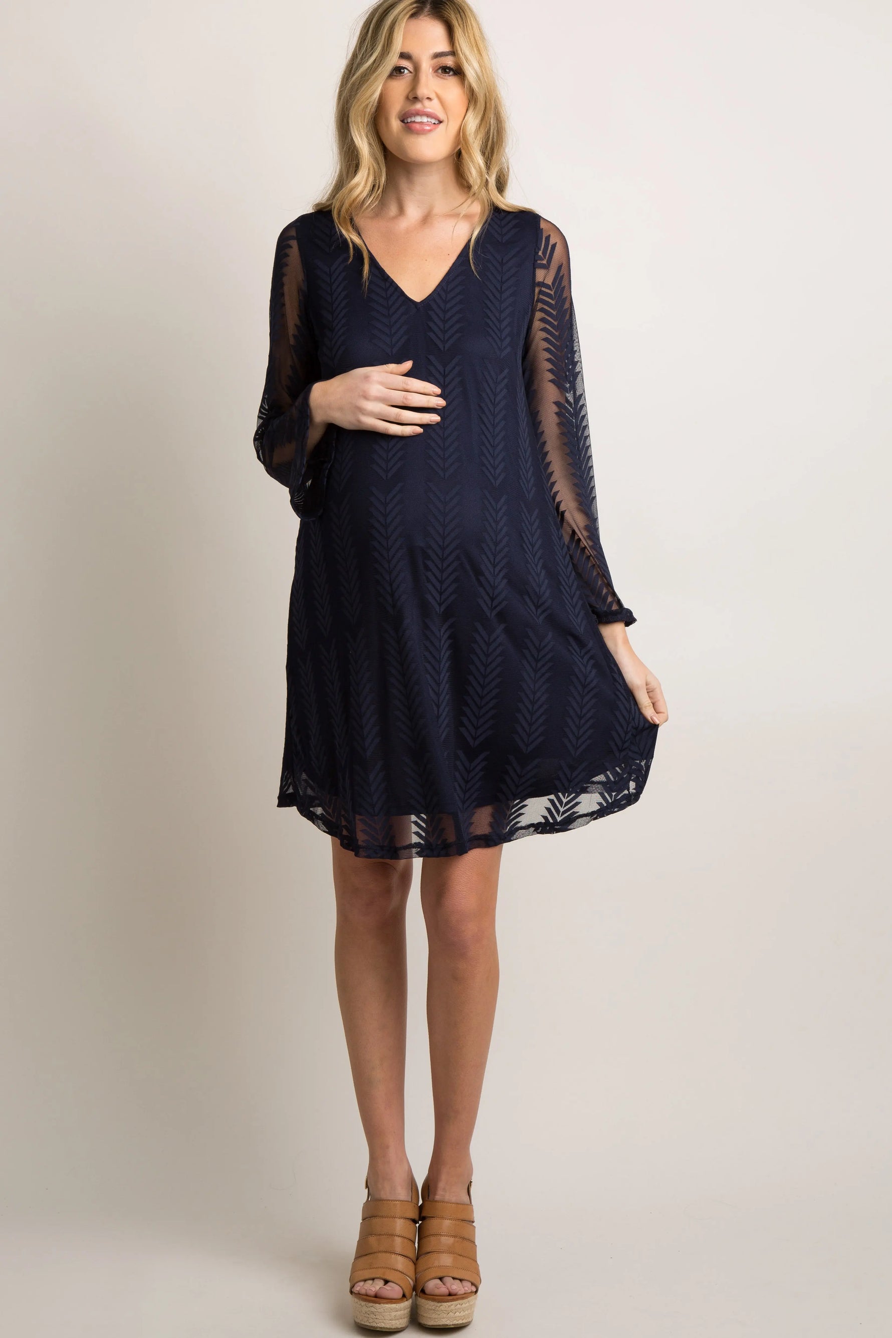 PinkBlush Navy Mesh Overlay Maternity Dress with Long Sleeves for Moms - Everetts Place