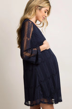 PinkBlush Navy Mesh Overlay Maternity Dress with Long Sleeves for Moms - Everetts Place