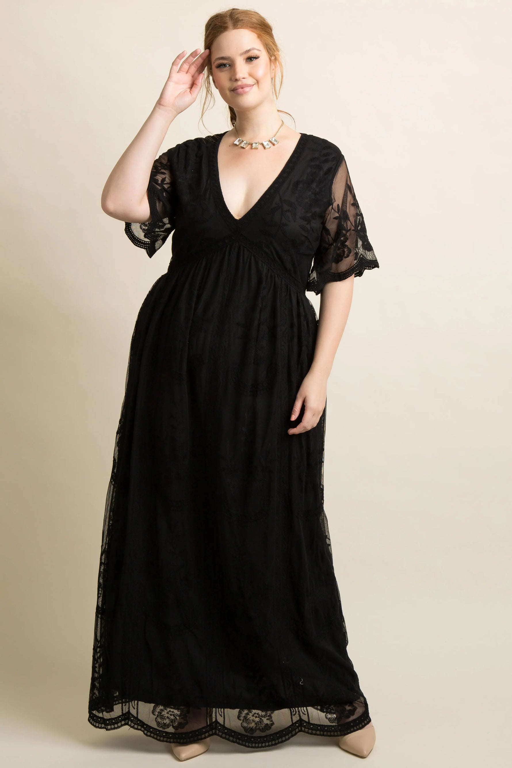 PinkBlush Maternity Plus Size Maxi Dress with Lace Mesh Overlay for Expecting Mothers - Everetts Place