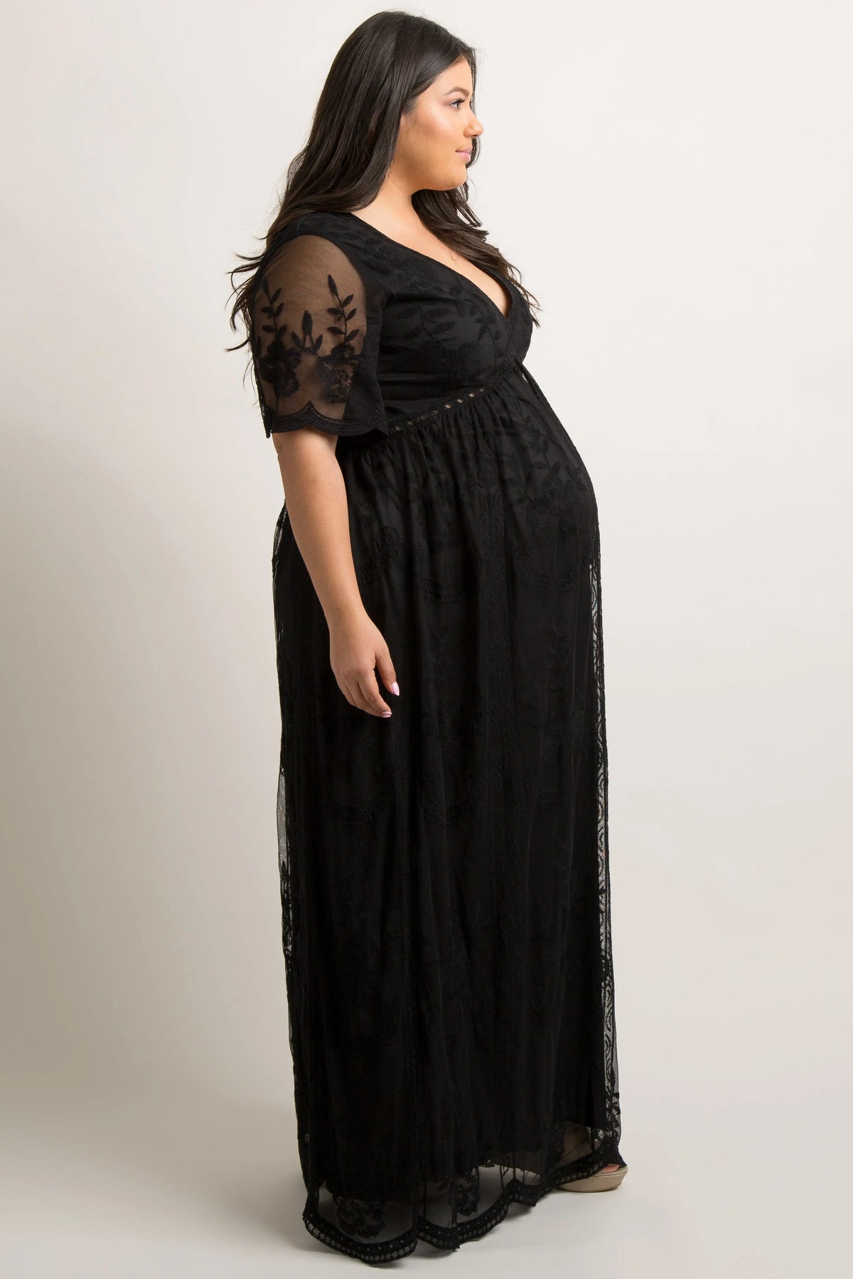 PinkBlush Maternity Plus Size Maxi Dress with Lace Mesh Overlay for Expecting Mothers - Everetts Place