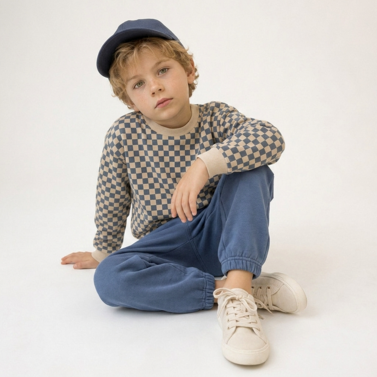 Navy organic twill baby joggers with elastic waistband and cuffed ankles
