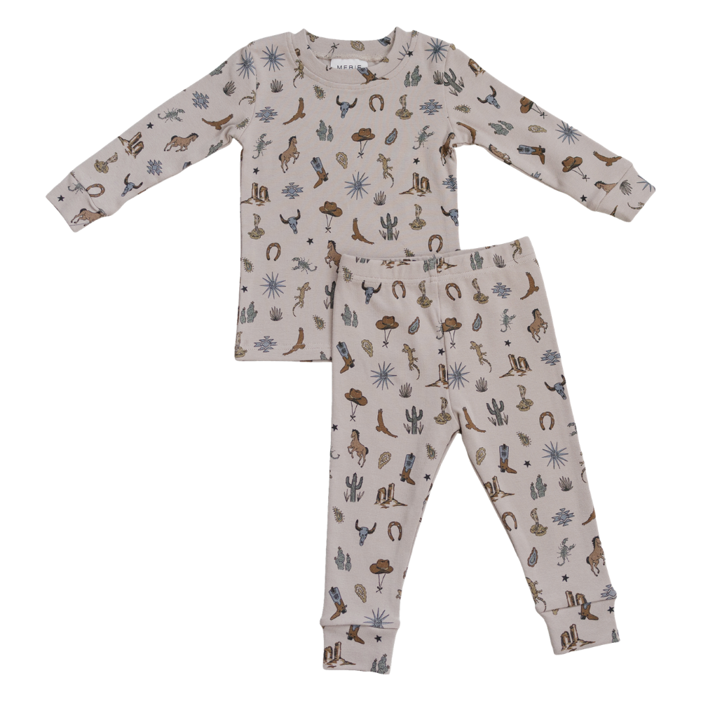 Two-piece baby set with a long sleeve top and matching bottoms in a desert-toned palette